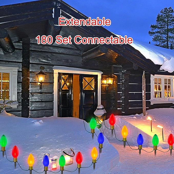 SUNSGNE C9 Christmas Pathway Lights, 7Ft Outdoor Stake with 4 Jumbo Multicolor LED Bulbs, Connectable Marker for | Lumora