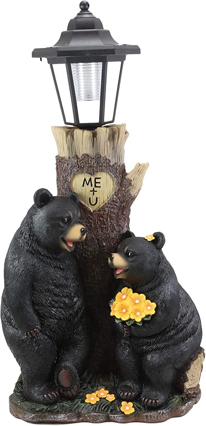 Ebros Love is in The Air Me + U Rustic Forest Black Bear Couple Courtship Dating Outpost Statue with Solar LED Light Lantern Path Lighter As Garden Decorative Sculpture of Bears Valentines Accent