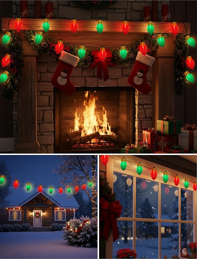 Red and Green Jumbo Christmas Lights Outdoor, 16ft Jumbo C7 (5") Diamond Pattern Bulbs, Connectable Large Outdoor | Lumora