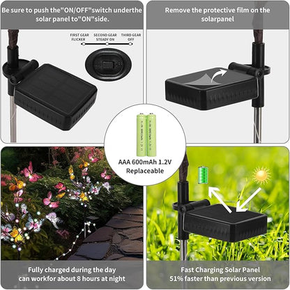 Solar Butterfly Lights, 2 Pack Solar Garden Lights Outdoor, Outdoor Garden Waterproof with Solar Butterfly Stake, Solar Outdoor Decor Light for Landscape, Pathway, Yard (Colorful Light)