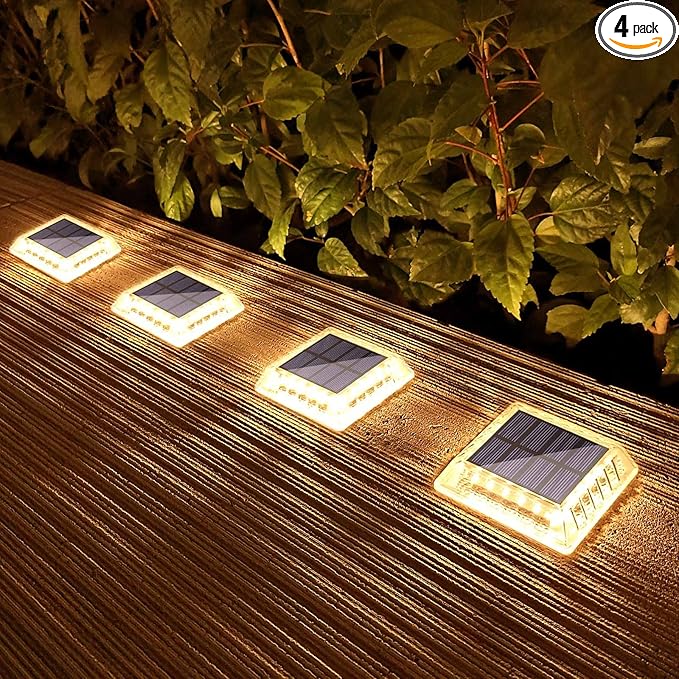 Lacasa Solar Deck Lights, 4 Pack 30LM LED Dock Light Warm White 2700K, Outdoor Solar Powered Step Light Up All Night IP68 Waterproof Auto ON/Off for Garden Stairs Driveway Pathway