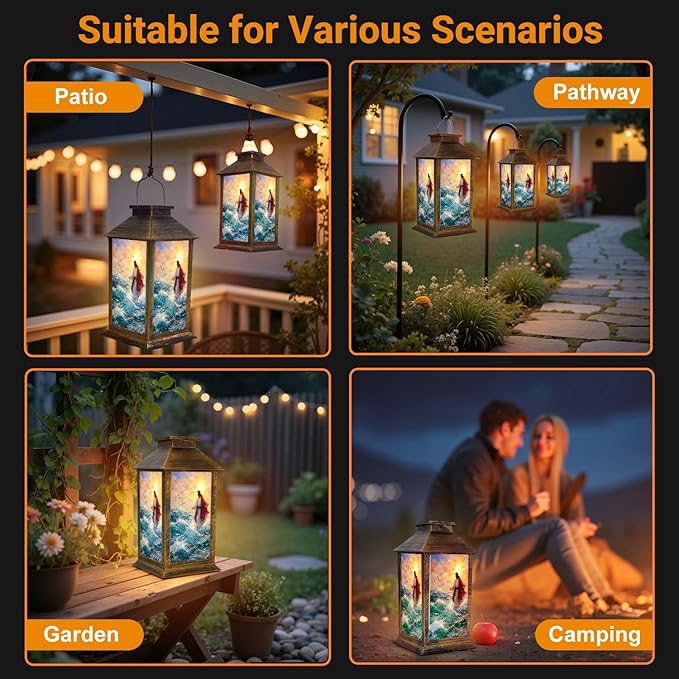 Solar Lantern Outdoor Waterproof Jesus Walks Water Christian Stories Walking Biblical Figure Waves Garden Decor LED Solar Lights Hanging/Tabletop Lamp Gifts for Women Mom for Outside Yard Patio