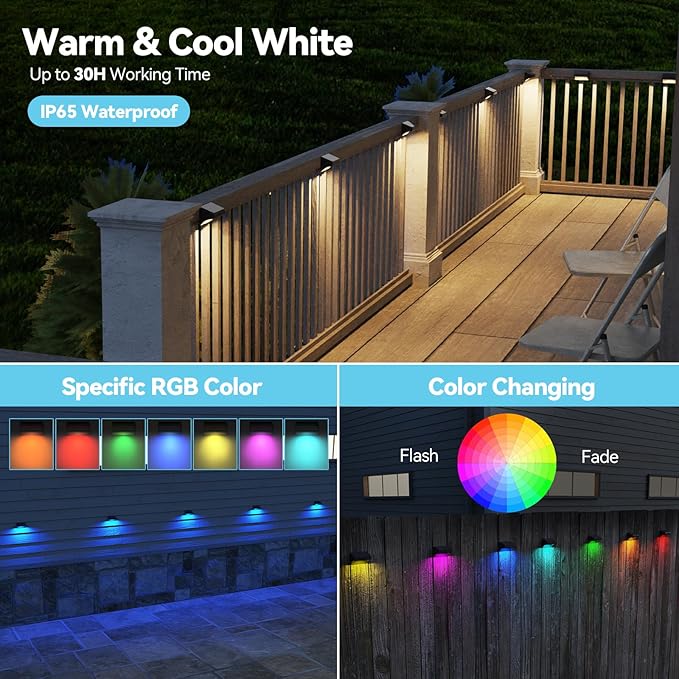 Bridika Solar Fence Lights, Outdoor Waterproof Warm White & Color Glowt, LED, for Backyard, Patio, Deck Railing | Lumora