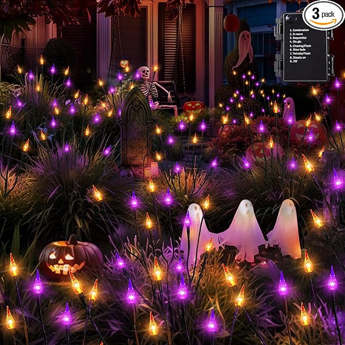 ODEETRONIC Purple & Orange Halloween Pathway Lights 3 Pack – 7.54ft 8 Modes Halloween Stake Lights, 30 LED Purple & Orange Candle Light with Timer, Battery Pathway Light for Outdoor Porch Garden Decor