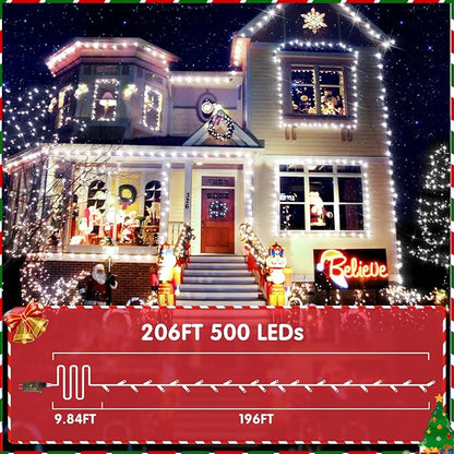 XURISEN Christmas Lights Outdoor 197FT 500 LED Green Wire String Lights 8 Modes with Timer Memory Waterproof Fairy Light Plug in for Xmas Tree Wedding Yard Party Holiday Decorations(Cool White)