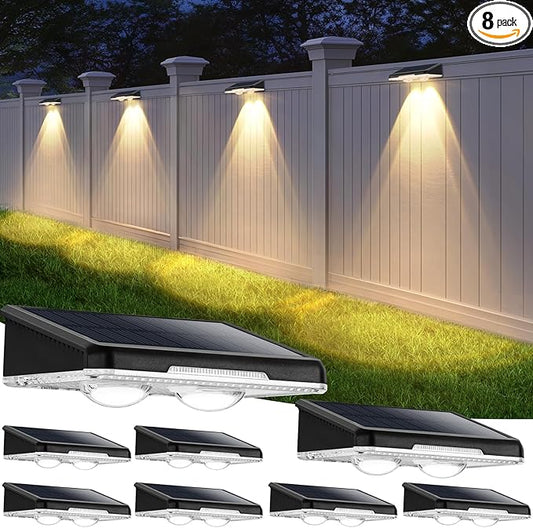 Solar Fence Lights Outdoor 8-Pack, Waterproof Fence Light Solar Powered with 3 Modes (3000K/4500K/6500K) for Outside, Patio, Deck, Stair, Step, Garden, Backyard, Walkway, Pathway, Railing