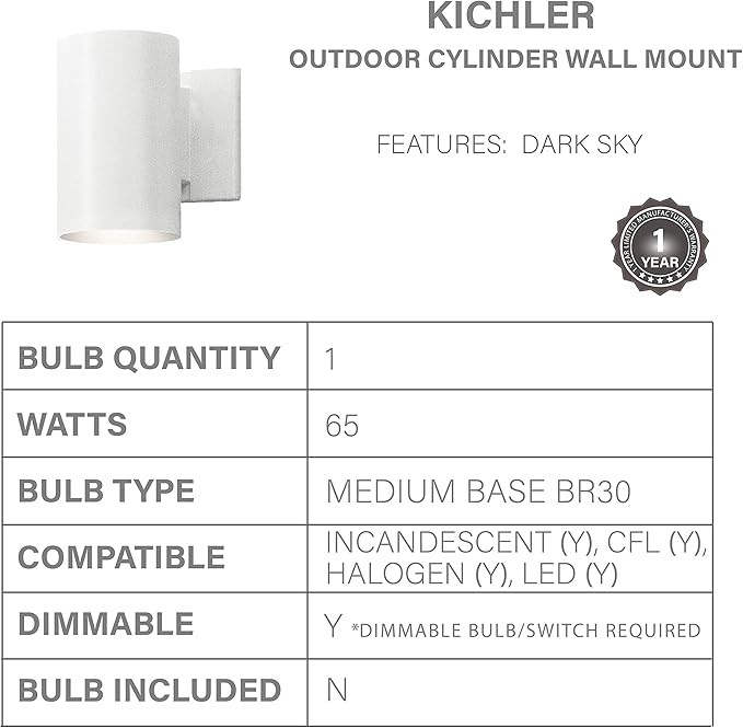 Kichler 9234WH Outdoor Cylinder Wall Mount Sconce, 7 in (Height), White | Lumora