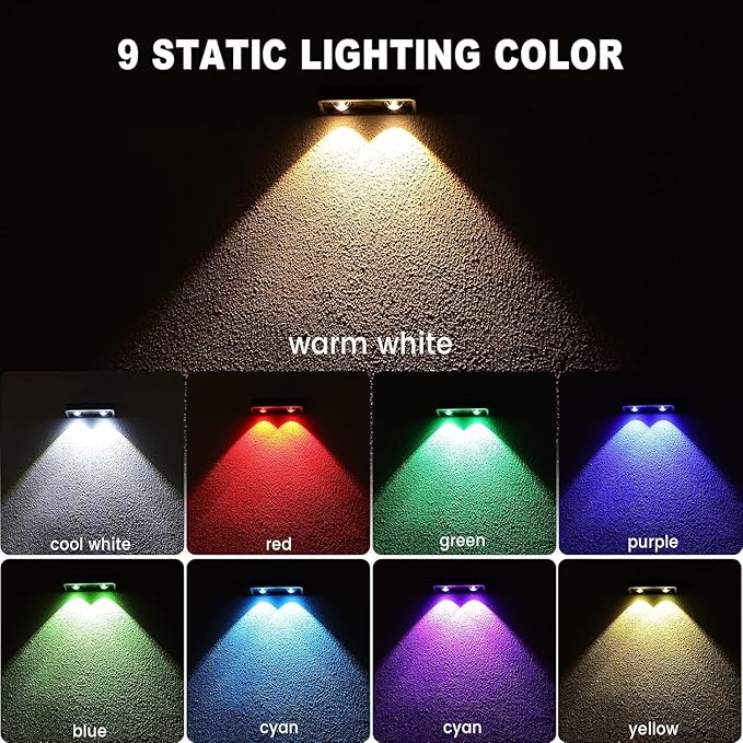 Solar Fence Lights Outdoor, 8 Pack Color Changing Fence Lights Solar Powered with 9 RGB Colors & 11 Lighting Modes, IP65 Waterproof Dusk to Dawn Fence Lights for Patio, Deck, Wall, Backyard