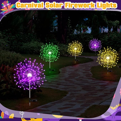 9 Pcs Mardi Gras Solar Firework Lights Solar Lights Outdoor Garden 120 LED 8 Modes Waterproof LED Sparkler Outdoor for Carnival Patio Yard Pathway Walkway (Purple,Yellow,Green)