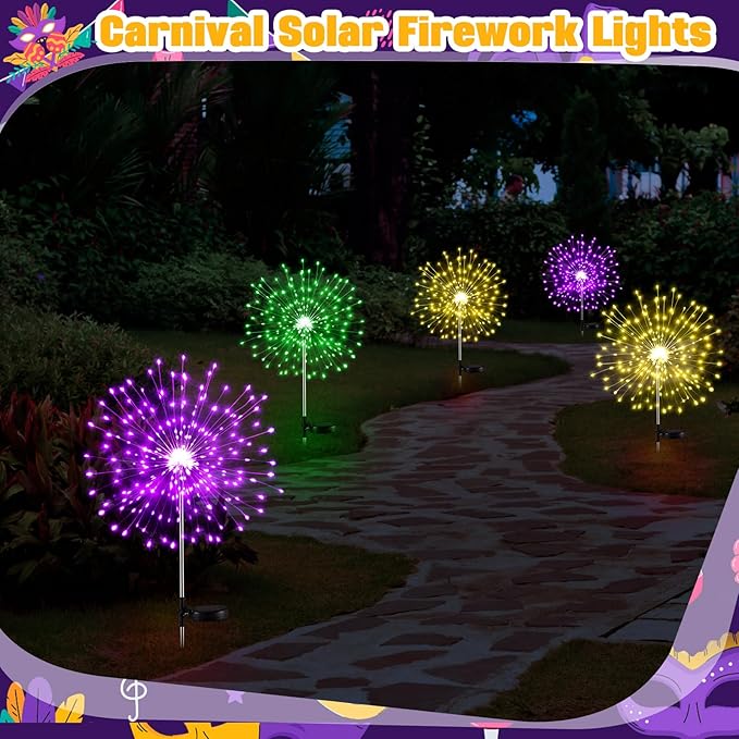 3 Pcs Mardi Gras Solar Firework Lights Solar Lights Outdoor Garden 120 LED 8 Modes Waterproof LED Sparkler Outdoor for Carnival Patio Yard Pathway Walkway (Purple,Yellow,Green)