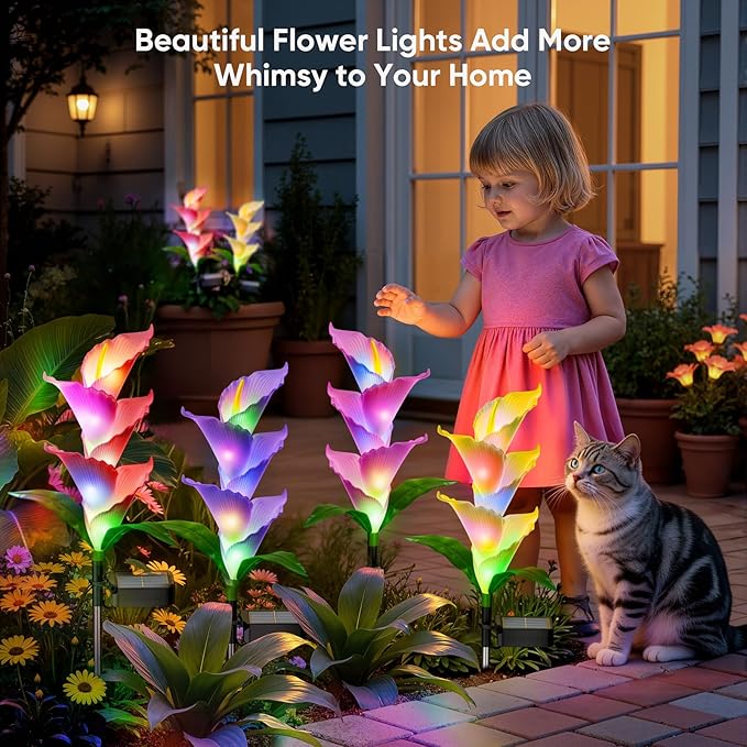 Solar Flowers Lights Outdoor: 4 Pack Color Changing Calla Lily Garden Lights for Yard Pathway Decorations - Waterproof PU LED Solar Powered - Perfect Brithday Gifts for Women Mom Grandma