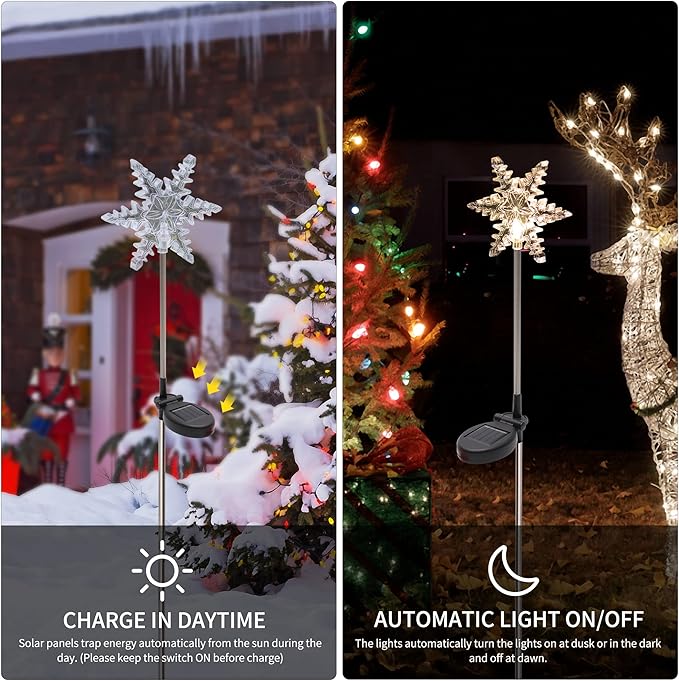 Glintoper 4 Pack Solar Christmas Snowflakes Figurine Lights, Outdoor Solar Powered Snowflake Decorative Lights with Garden Stakes, Warm White LED Xmas Lighting Yard Stake for Path Lawn Patio Decor