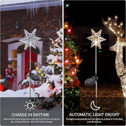 Glintoper 4 Pack Solar Christmas Snowflakes Figurine Lights, Outdoor Solar Powered Snowflake Decorative Lights with Garden Stakes, Warm White LED Xmas Lighting Yard Stake for Path Lawn Patio Decor