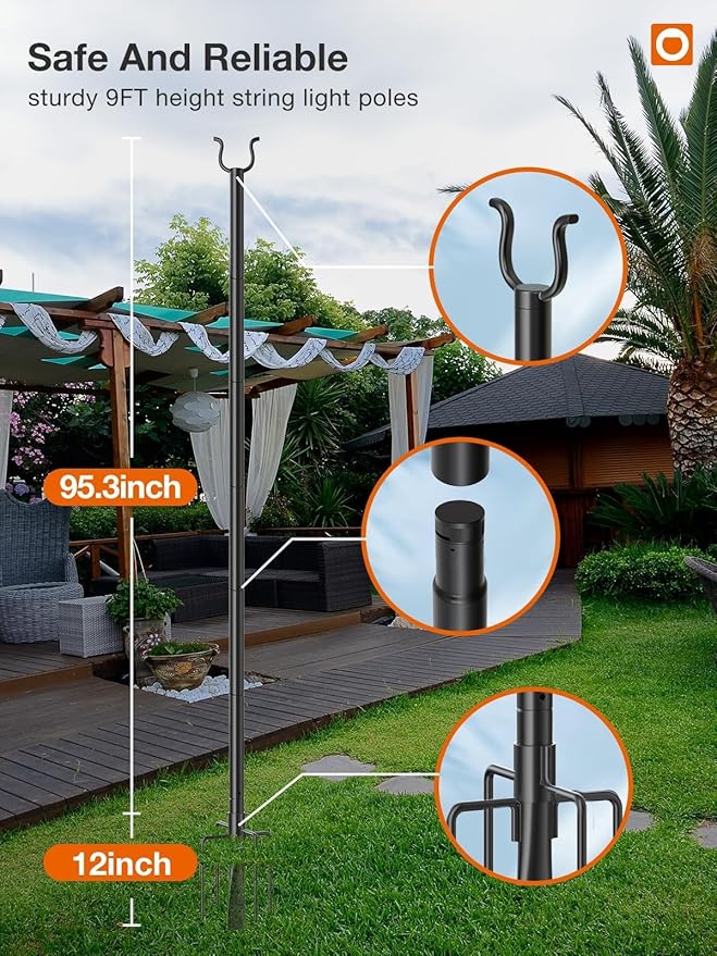 addlon 4 Pack String Light Poles Pro, Aluminum Waterproof Harder 9FT Light Poles for Outside String Lights with | Lumora