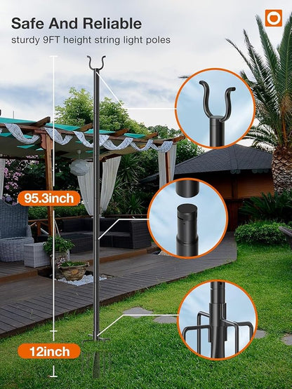 addlon 4 Pack String Light Poles Pro, Aluminum Waterproof Harder 9FT Light Poles for Outside String Lights with Hooks for Hanging, Patio, Garden, Deck, Backyard - Classic Black
