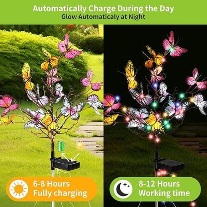 Solar Butterfly Lights, 2 Pack Solar Garden Lights Outdoor, Outdoor Garden Waterproof with Solar Butterfly Stake, Solar Outdoor Decor Light for Landscape, Pathway, Yard (Colorful Light)