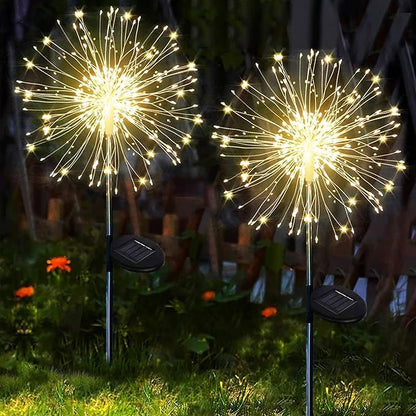 yowin Solar Fireworks Lights for Outside 2 Pack 120 LEDs Solar Garden Decor, 8 Modes Sparkler Light Outdoor Waterproof Starlit Starburst Lights for Yard Flower Bed Lawn Path Decorations - Warm White