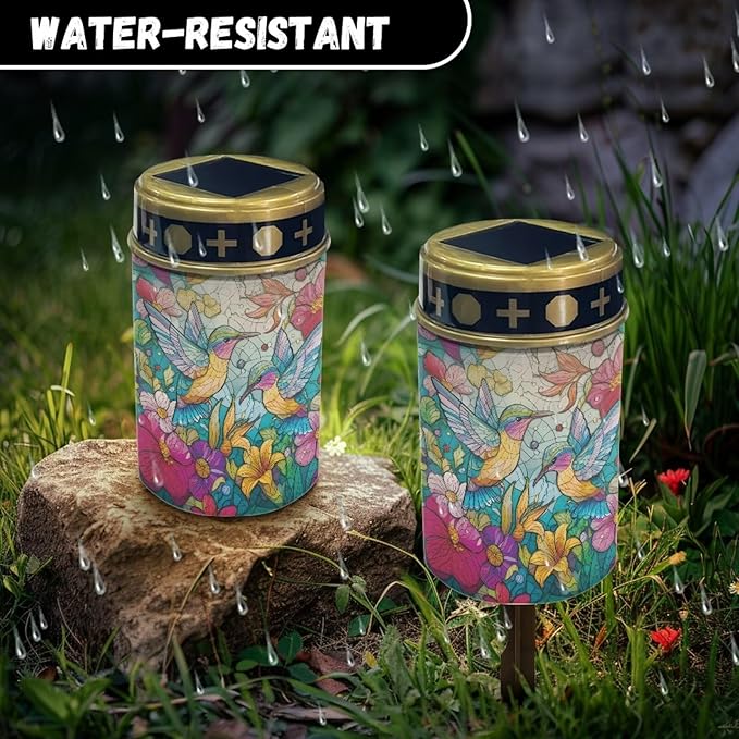 Hummingbird Cemetery Solar Lights for Grave Floral Cemetery Decorations for Grave Waterproof Dusk to Dawn Sensor Grave Lamp Bereavement Gifts 2 Pack