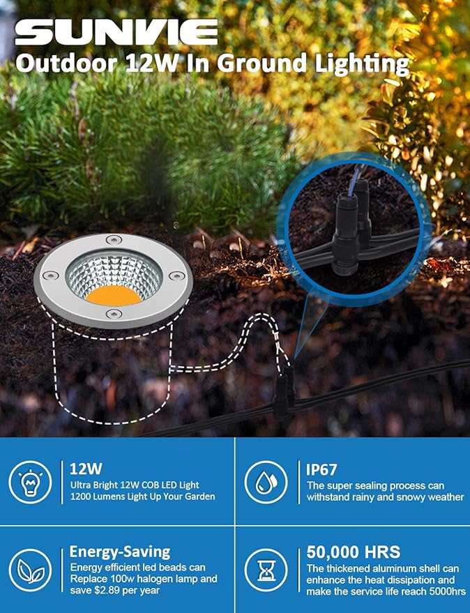 SUNVIE Low Voltage Landscape Well Lights with Wire Connectors, 12W LED, IP67 Waterproof Outdoor In-Ground Garden | Lumora