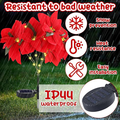 VIHOSE 2 Pcs Christmas Solar Poinsettia Lights Outdoor Artificial Flowers Landscape Waterproof Solar Poinsettia Lights for Yard Lawn Patio Garden Pathway Xmas Party Supplies (10 Flowers,Red)