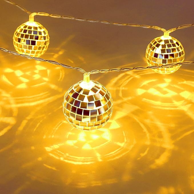 AceList 20 LED Disco Ball String Light for Mamma Mia 70s 80s 90s Dance Party, Disco Ball Decor Battery Powered and USB Plug Disco Lights for Christmas Tree Holiday Window Decorations Indoor (Yellow)