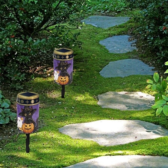 Black Cat Ghost Pumpkin Cemetery Solar Lights, Solar Powered Garden Stake Lights, Halloween Decorative Lights for Cemetery Grave Yard Patio Outdoor Decoration Memorial