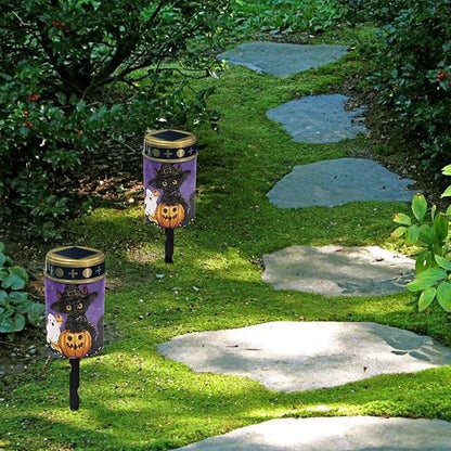 Black Cat Ghost Pumpkin Cemetery Solar Lights, Solar Powered Garden Stake Lights, Halloween Decorative Lights for Cemetery Grave Yard Patio Outdoor Decoration Memorial