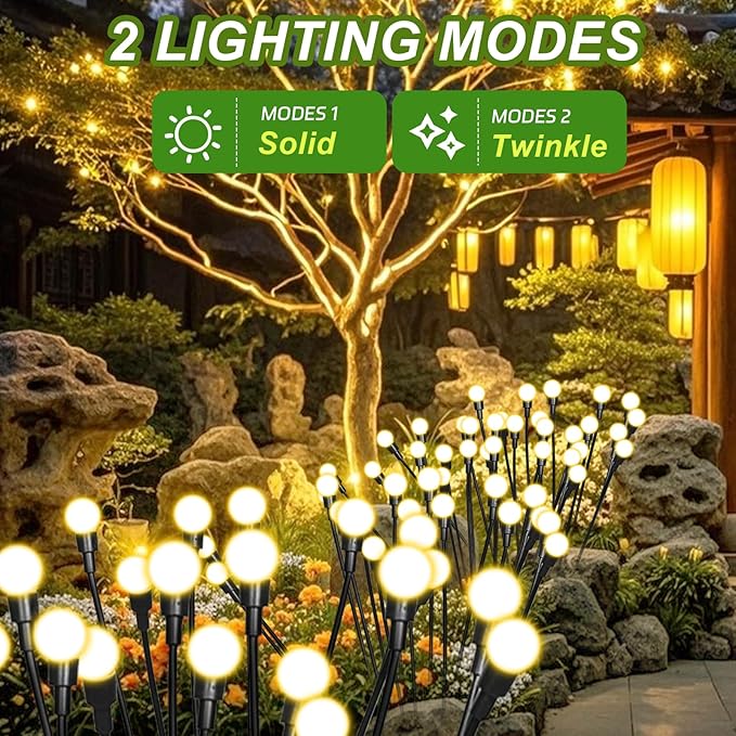 2 Packs Firefly Lights Solar Outdoor, 16 LED Warm Solar Walkway Lights Outdoor, Waterproof Garden Decor with 2 | Lumora