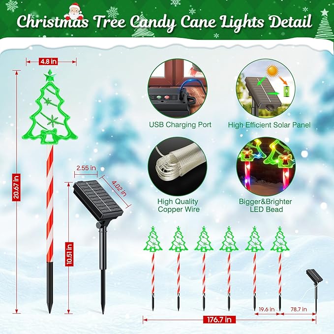 Christmas Solar Pathway Lights Outdoor Decorations,10 Modes 78 LED Outdoor Christmas Tree Solar Candy Stake Lights | Lumora