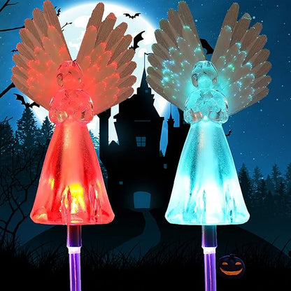 NMM Solar Angel Lights, 2 Pack Outdoor Solar Garden Lights, Multi-Color Changing Angel Decorative Lights for Yard Lawn Pathway Grave Cemetery Christmas Decoration, Thanksgiving Memorial Gift