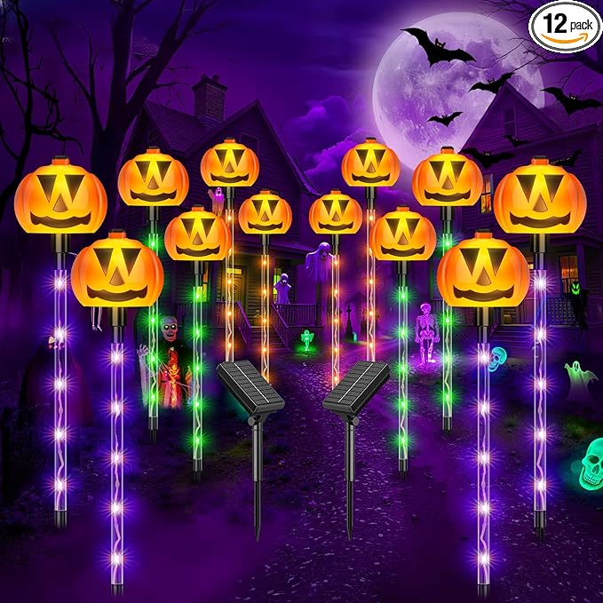 2025 Upgraded 12 Pack Halloween Solar Pumpkin Lights Outdoor Decorations, 8 Modes Waterproof Halloween Pathway Stake Lights with 84 Colorful LEDs, Pumpkin Decor for Garden, Yard, Party, Multicolor