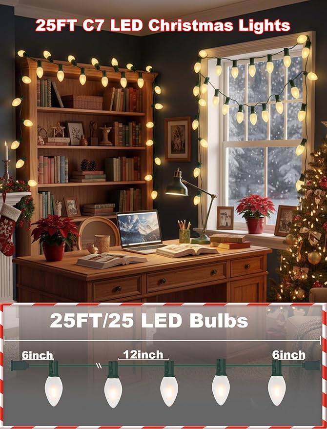 25FT C7 LED Christmas Lights,Frosted White LED C7 Christmas String Lights with 27 LED Bulbs,Commercial Hanging Lights Candle House Porch Balcony Party Decor