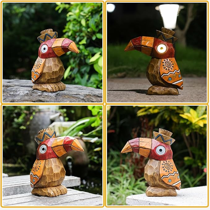 Solar Tiki Statue-WoodWoodpecker Bird-Garden Hawaiian - Solar Outdoor Light Garden Sculptures & Statues Totem Pole | Lumora