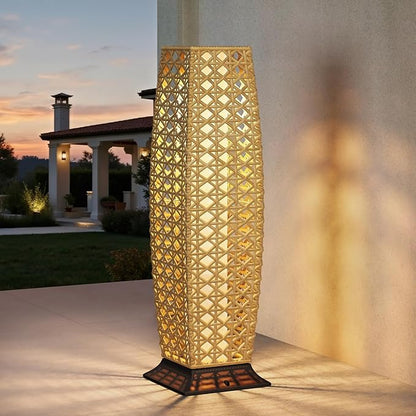 Grand patio 2-Piece Outdoor Floor Lamp Solar Lantern, Water-Resistant Wicker Boho Patio Light with 50/100 Lumens Dual Brightness & Memory Mode for Garden Porch Deck Decor, Large Diamond Natural