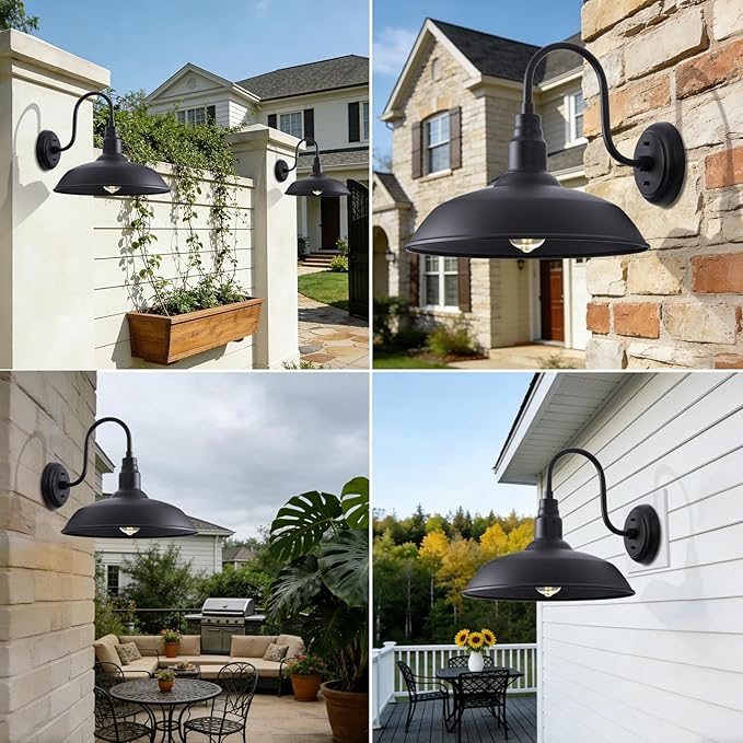 16 Inch Gooseneck Light Fixture for Barn Door, 2 Pack Large Barn Lights for Front Porch, Black Outdoor Farmhouse | Lumora