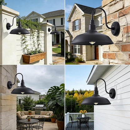16 Inch Dome Barn Light for Porch, Large Gooseneck Outdoor Light Fixture for Farmhouse, Barn Style Exterior Patio Wall Lights for Garage, Black Outside Wall Sconce for Front Door, House