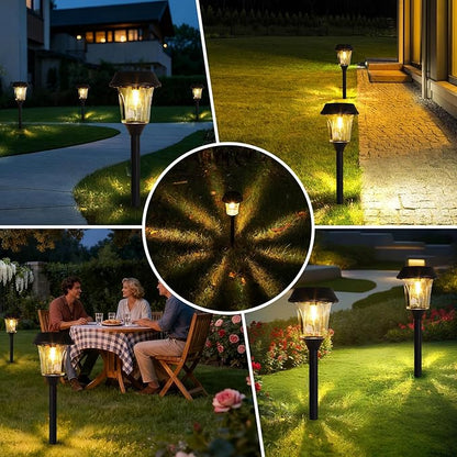Solar Lights Outdoor Waterproof, Glass & Stainless Steel LED Stake Lamps, Dimmable 12/25 Lumens IP65, Auto On/Off Solar Powered Lighting for Patio, Sidewalk, Front Yard, Walkway (4 Pack Warm White)