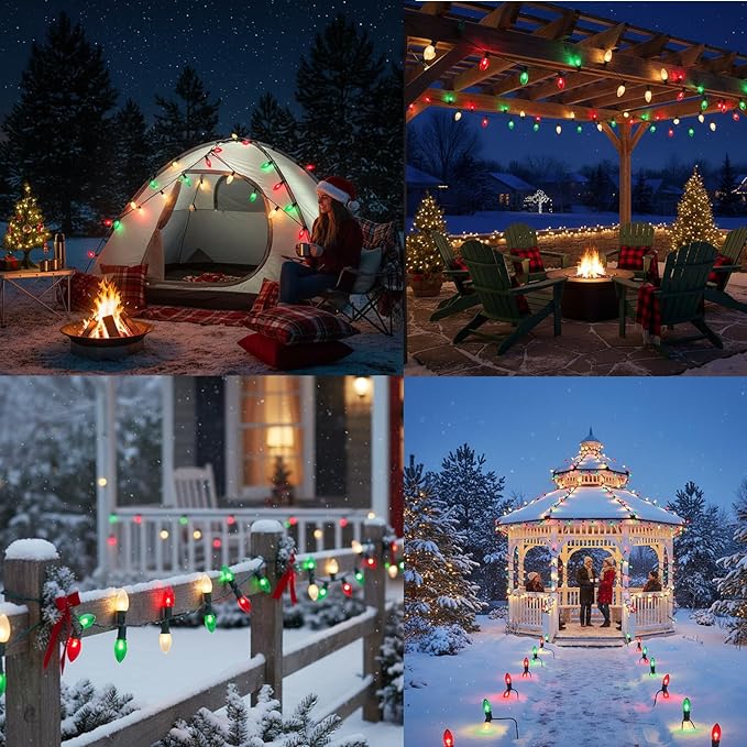 25FT C9 Christmas Lights Outdoor,Red White Green Christmas Lights with 26 Bulbs(1 Spare),C9/ E17 Base,Vintage Colored String Light for Garden, Yard, Party, Xmas Tree Decorations