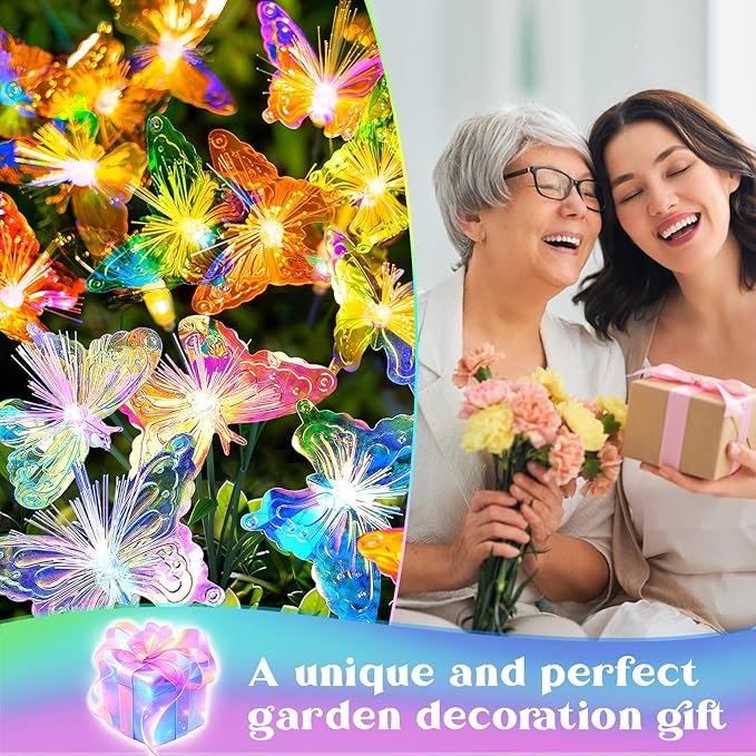 Solar Garden Lights Outdoor: 2Pack 16LED IP65 Waterproof Wind Swaying Butterfly Flower Light - Fairy Colarful Decorations for Outside Yard Patio Cemetery - Angel Christmas Gifts for Mom Women