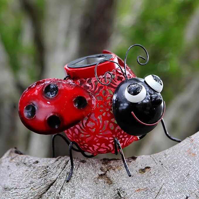 9.8" Ladybug Solar Powered Metal Sculpture - LED Figurine Night Garden Light, Ladybug Solar Light Metal Statue, Yard Art, Patio Accent,Outdoor Lawn Solar Decor, Landscape Path Light Ornament