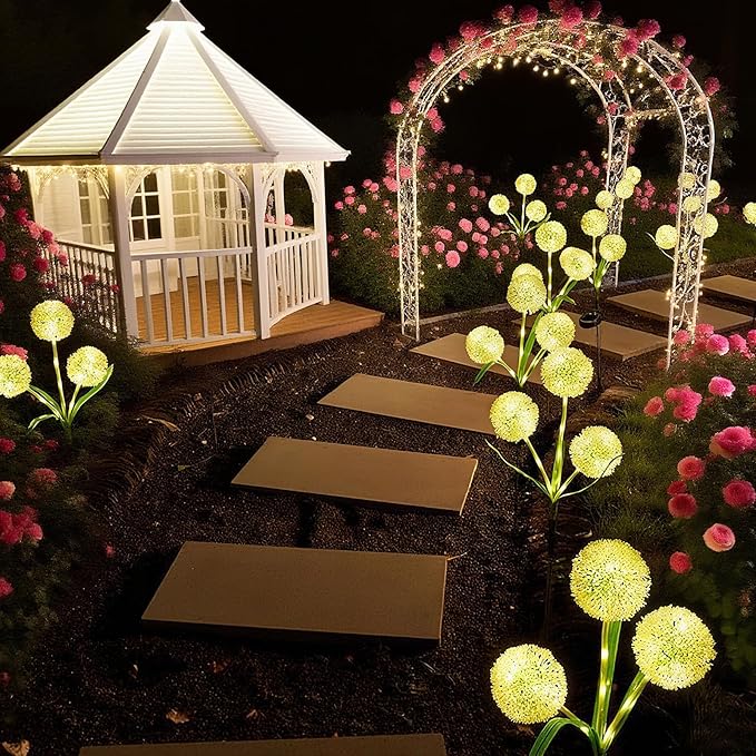 Solar Garden Decorative Lights, Dandelion, LED Lawn Lights, Suitable for Yards, Paths, Sidewalks, Parks, Landscape Decoration, for Women, 4 Pack (Warm Light)