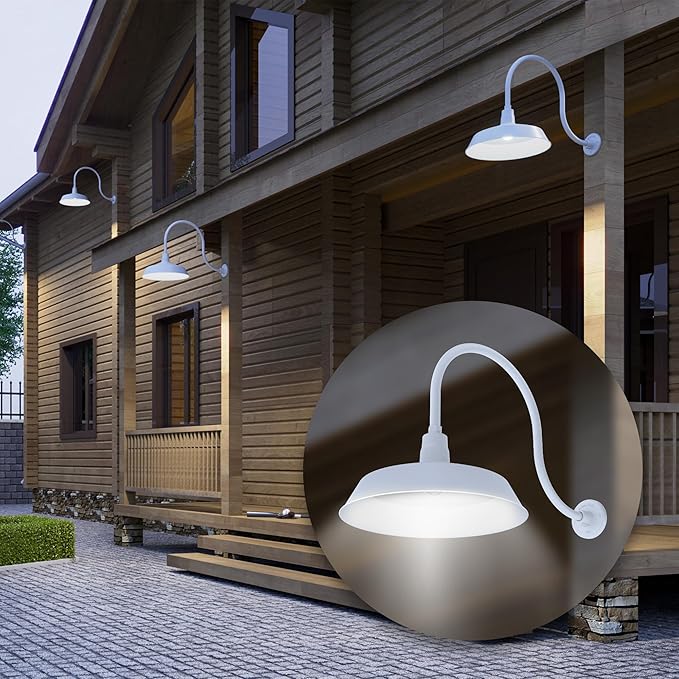 17in. White Finish Outdoor Gooseneck Barn Light Fixture with 24in. Long Extension Arm - Wall Sconce Farmhouse | Lumora