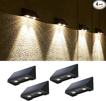 Solar Wall Lights-4 Pack,IP65 Waterproof Outdoor,40 Lumens Brighter Double LED, Auto On/Off, Warm White for Fence, Patio, Steps, Backyard
