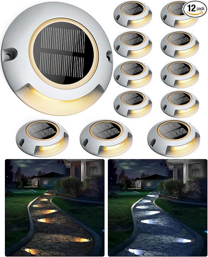 Solar Driveway Lights Outdoor Waterproof,2 Color Modes Outdoor Solar Deck Dock Warning Step Lights for Driveway Marker Sidewalk Garden Pathway Yard (12 Pack)