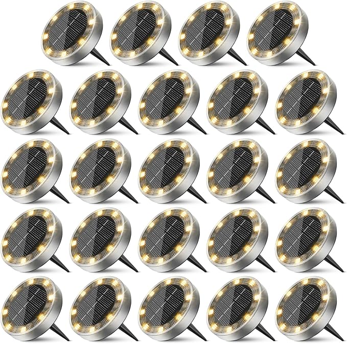 Peasur Solar Ground Lights Outdoor, 24 Pack Flat Solar Powered Disc Lights, IP68 Waterproof, Anti-Rust, Landscape | Lumora