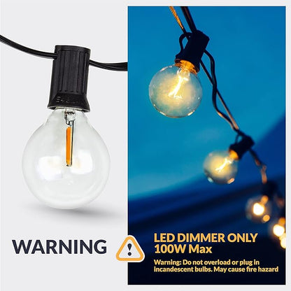 Newhouse Lighting LED G40 String Lights with Weatherproof Technology, 100W Dimmer with Wireless Remote Control, 50ft and 52 (50+2 Free) LED Light Bulbs Included, Warm White (PSTRINGLEDDIM)
