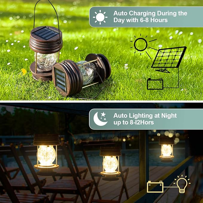 Hanging Solar Lights Outdoor - Solar Powered Waterproof Landscape Christmas Lanterns with Retro Design for Patio, Yard, Garden and Pathway Decoration (Warm Light) (2, 5.5" Fairy LED)