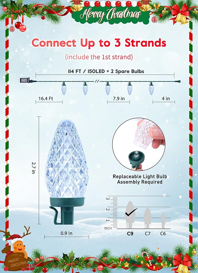 C9 Christmas Lights Outdoor, 114 Feet 150 LED C9 String Light with Timer & 8 Light Modes, Waterproof Commercial Grade Connectable Christmas Tree Lights for House Indoor Outside Roofline, Pure White
