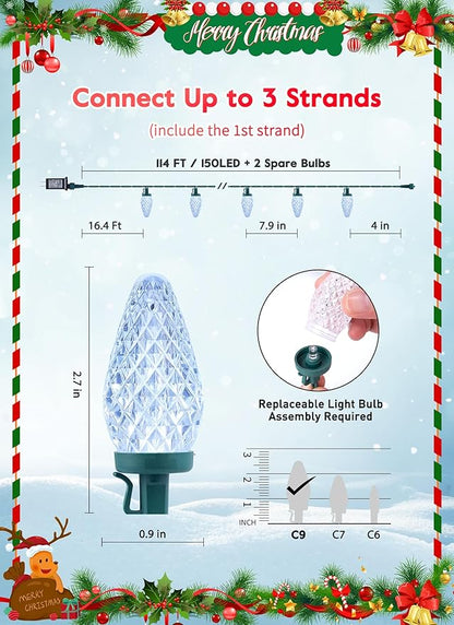 C9 Christmas Lights Outdoor, 114 Feet 150 LED C9 String Light with Timer & 8 Light Modes, Waterproof Commercial Grade Connectable Christmas Tree Lights for House Indoor Outside Roofline, Pure White