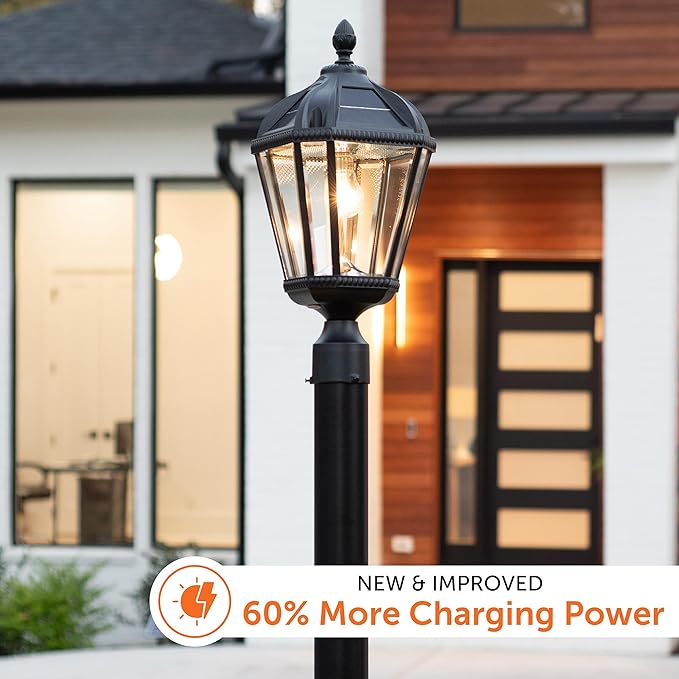 Gama Sonic Outdoor Solar Post Light, Black Aluminum, Royal Bulb, Rain Water Glass, Single Lamp with 3-inch Fitter | Lumora